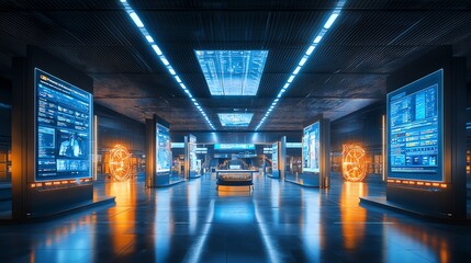 Poster - Futuristic Digital Corridor with Neon Lights and Screens
