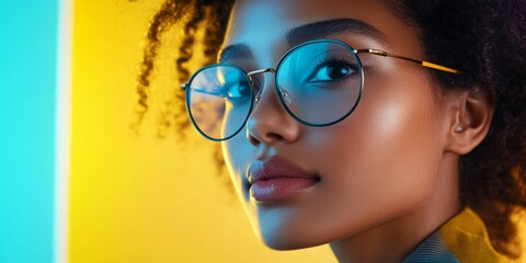 Poster - A beautiful woman with curly hair and glasses poses against a colorful background. The vibrant blue and yellow light creates a modern and artistic vibe. This image showcases beauty and confidence. AI