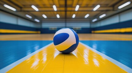 Poster - Classic yellow-blue volleyball sitting in the middle of a brightly lit gymnasium, clean top-down composition.