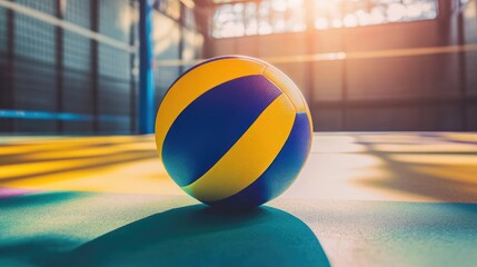 Poster - Classic yellow-blue volleyball sitting in the middle of a brightly lit gymnasium, clean top-down composition.