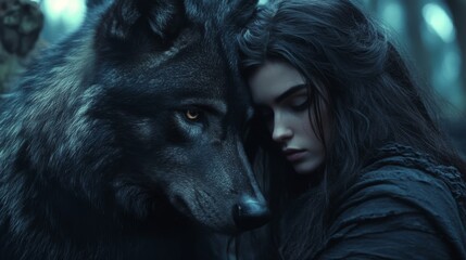  Young Woman with Black Wolf in Dark Forest