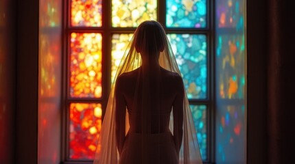 Wall Mural - Woman in Translucent Veil Before a Stained Glass Window