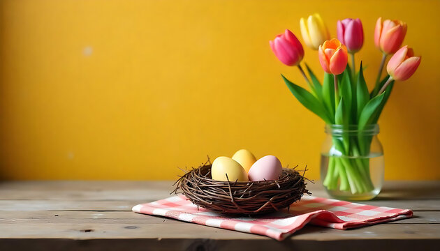 Vibrant Tulips & Easter Eggs in a Nest, Set Against a Bright Spring Backdrop, Happy Easter Greeting Card with Easter Egg and Flowers. Easter Concept, happy easter 2025, generative ai