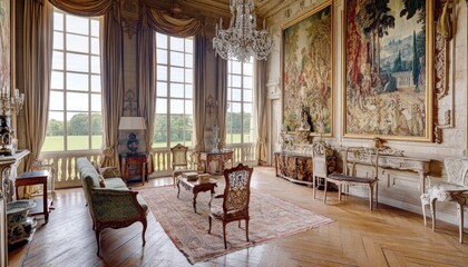 Wall Mural - Luxurious chateau interior with ornate furniture and tapestry