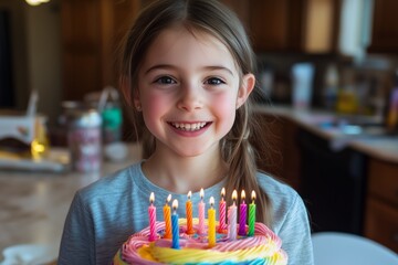 Wall Mural - Young Girl Smiling With Birthday Cake Featuring Colorful Candles in a Bright Kitchen Setting