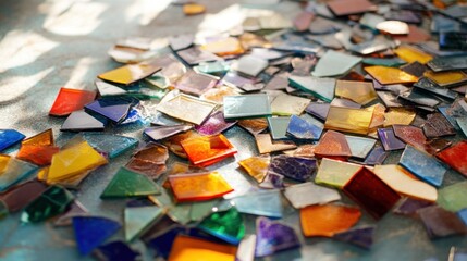 Poster - Scattered spectrum, Vibrant mosaic tile fragments on textured backdrop