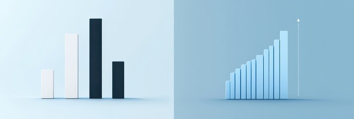 Leinwandbilder - Comparison of low sales versus exponential growth in a corporate bar chart design emphasizing minimalism. Generative AI