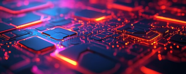 Leinwandbilder - Vibrant Close-up of Circuit Board with Glowing Neon Lights