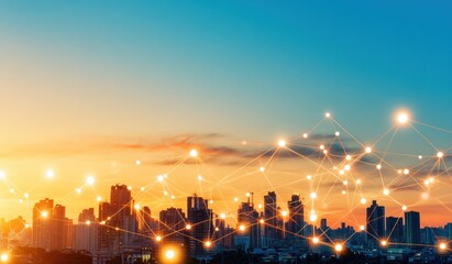 Poster - Urban Skyline with Connecting Dots at Sunset Above Cityscape