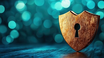 Aufkleber - Golden Shield with Keyhole on Wooden Surface and Blurred Background