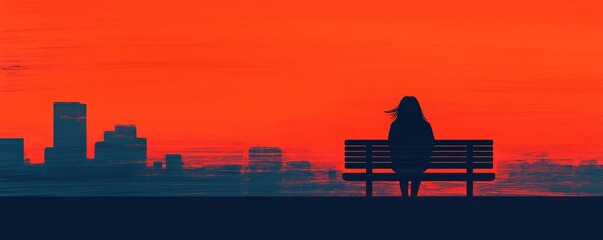 Poster - Woman Sitting on Bench Against Vibrant Sunset Over City Skyline