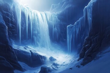 Wall Mural - majestic frozen waterfall with crystalline ice formations, sunlight catching translucent icicles, dr