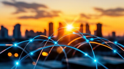 Poster - Network Connections Over City Skyline During Beautiful Sunset
