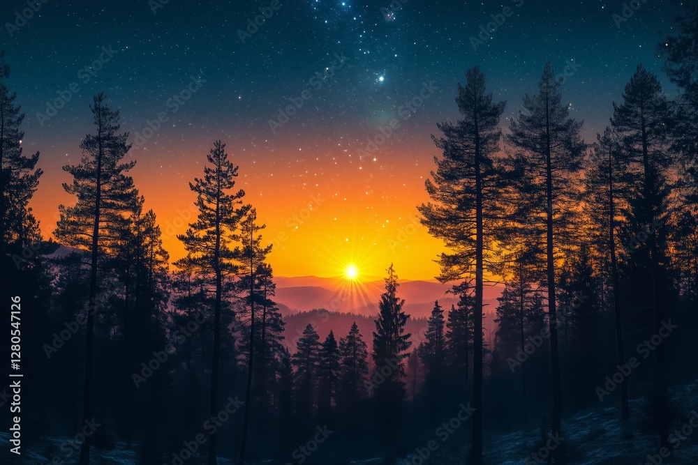 Stunning Sunset Over a Forest With Silhouettes of Pine Trees and a Starry Sky at Twilight