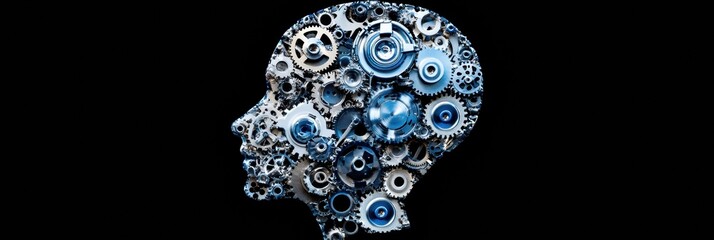 Aufkleber - Human head filled with interlocking gears symbolizes the essence of artificial intelligence and mechanized thought processes. Generative AI