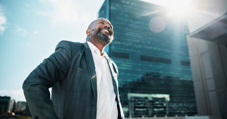 Poster - Architect, thinking and business black man in city with idea, brainstorming and planning for career. Happy, contractor and person with inspiration for town, urban development and job opportunity