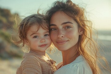 A mother and her toddler daughter share a tender moment at the beach, bathed in golden sunlight.