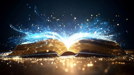 Poster - A magical open book emitting glowing blue and gold light sparkles on a dark surface