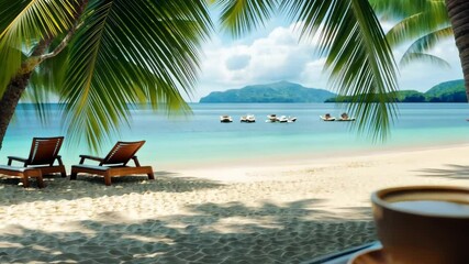 Wall Mural - Enjoying coffee by the beach under palm trees on a sunny day, Coffee cup on a wooden table by the beach under palm trees Tranquil tropical concept