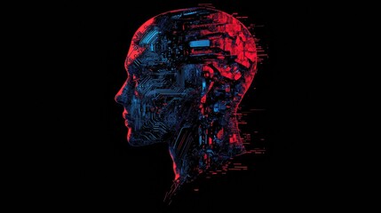 Leinwandbilder - Human head outline merges organic form with mechanical design showcasing cyborg aesthetics and advanced AI technology. Generative AI