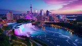 Aerial drone view of Niagara Falls at twilight, with city lights glowing on both sides of the border and the falls shimmering under colorful illumination.