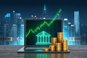 Wall Mural - Financial growth banking investment success laptop coins chart risk money stock asset wealth market