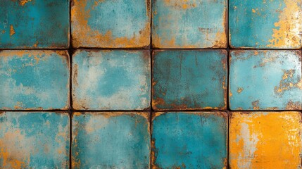 Wall Mural - Teal and gold rustic square tiles texture.