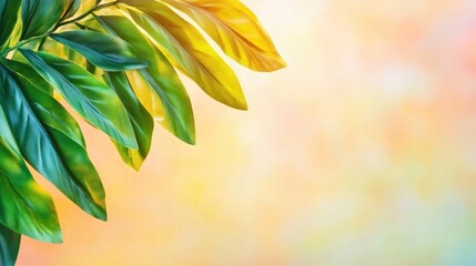 Aufkleber - Fresh Green Leaves Against Bright Orange and Yellow Background