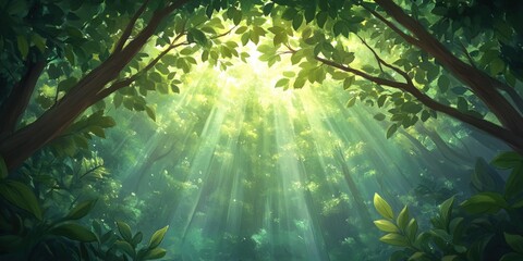 Aufkleber - Sunlight Rays Pouring Through Lush Green Forest Canopy
