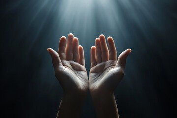 Poster - Two hands extend gracefully from the bottom of the frame, reaching upward as beams of light emerge from above, illuminating their palms amidst a shadowy backdrop. This moment captures a sense of hope