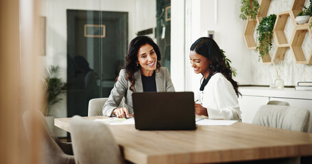 Poster - Meeting, women and business people with laptop in office, investment project and discussion. Teamwork, accountant and financial advisor with feedback for finance update, report review and documents
