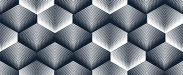 Wall Mural - Cubes seamless pattern, abstract 3D optic background, trippy isometric linear polygon endless wallpaper, surreal effect black and white tiling pattern.