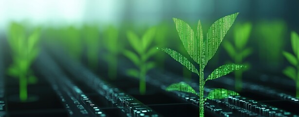 Digital Growth Concept with Plants Emerging from Binary Code Background