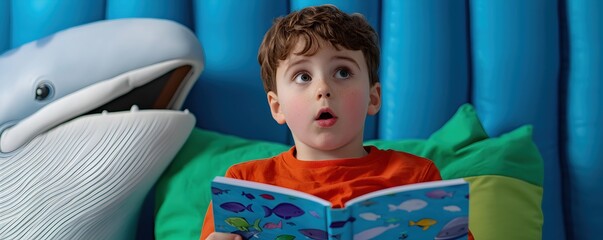 Surprised Boy Reading Colorful Book in Colorful Room with Whale