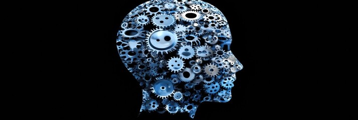 Poster - Human head silhouette filled with interlocking gears symbolizing the concept of artificial intelligence and innovation in technology. Generative AI