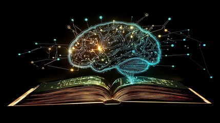 Poster - A stylized illustration of a brain with neural connections above an open book on black background