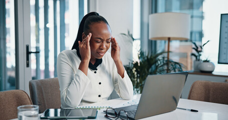 Poster - Headache, stress and black woman in office, pain and overwhelmed with work, burnout and accountant. Migraine, overworked and person with tight deadline, mental health and frustration for tax returns