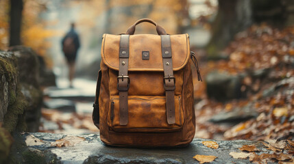 Travel backpack stands against a wall as a traveler prepares for an adventure in an urban environment