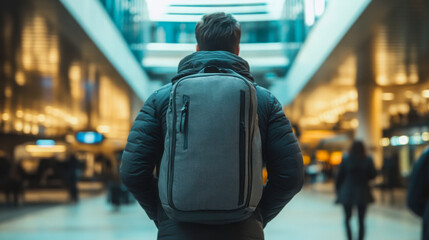 Travel backpack stands against a wall as a traveler prepares for an adventure in an urban environment