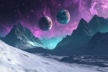 Wall Mural - mysterious exoplanet landscape with twin moons rising over crystalline mountains, purple nebulae swirling in a turquoise alien sky