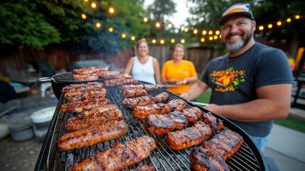 A casual barbecue set up under string lights, with a small group grilling and sharing laughter, reflecting an outdoor weekend event.