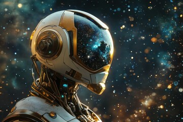 Poster - Futuristic robot with a star-filled visor exploring the cosmos in a vibrant galaxy