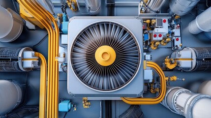 Wall Mural - Top-down view of an HVAC cooling system in motion, its fan blades rotating as part of the building climate control infrastructure.