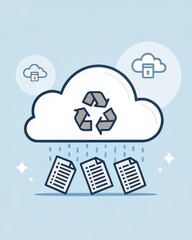 Poster - A cloud icon with a recycling symbol, representing digital document management and sustainable practices, surrounded by files and data storage elements.