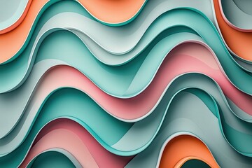 Poster - Abstract layered waves background with pastel hues in teal, pink, peach and white, creating a serene, flowing and visually appealing texture and surface design.
