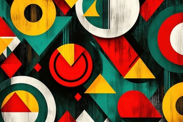 Poster - A dynamic geometric composition with circles and triangles, featuring a vintage texture and bold color palette of red, yellow, teal, black, and white.