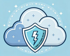 Poster - Cloud security threats concepts. A stylized cloud image featuring a shield with a lightning bolt, symbolizing protection and security in a digital or technological context.
