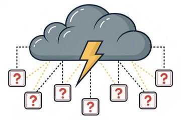 Poster - Cloud security threats concepts. A stylized cloud with a lightning bolt, connected to multiple question-mark boxes, symbolizing uncertainty related to data.