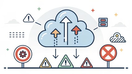 Poster - Cloud security threats concepts. A cloud graphic featuring upward arrows, warning signs, and icons, illustrating data transfer and alerts in a digital context.