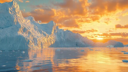 Wall Mural - Stunning Sunset Over Icebergs in Calm Water Reflects Vibrant Colors of Nature and the Beauty of the Arctic Landscape